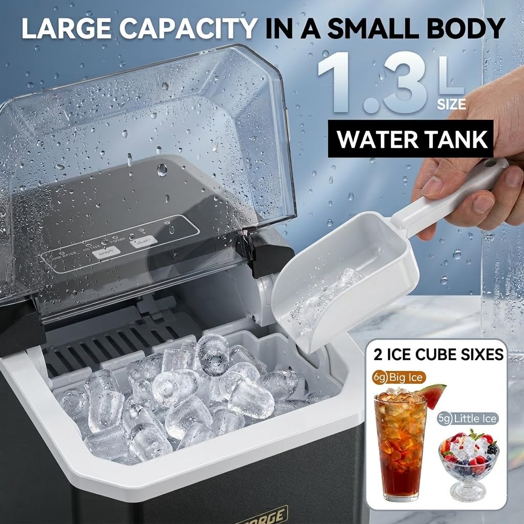 Countertop Ice Maker, Portable Ice Maker Machine, 6-Minute Fast Bullet Ice Maker with Self-Cleaning, Compact Ice Machine with Handle, Basket & Scoop for Kitchen, Home, Office, RV Camping