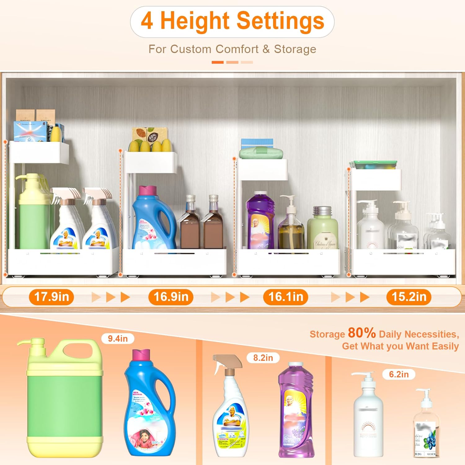 YJHome 2 Pack Expandable Under Sink Organizer, 2 Tier Pull Out Cabinet Organizer with Smooth Ball Bearing Slides, Adjustable Height Cabinet Storage Shelves for Kitchen, Bathroom, Laundry, Pantry - Image 3