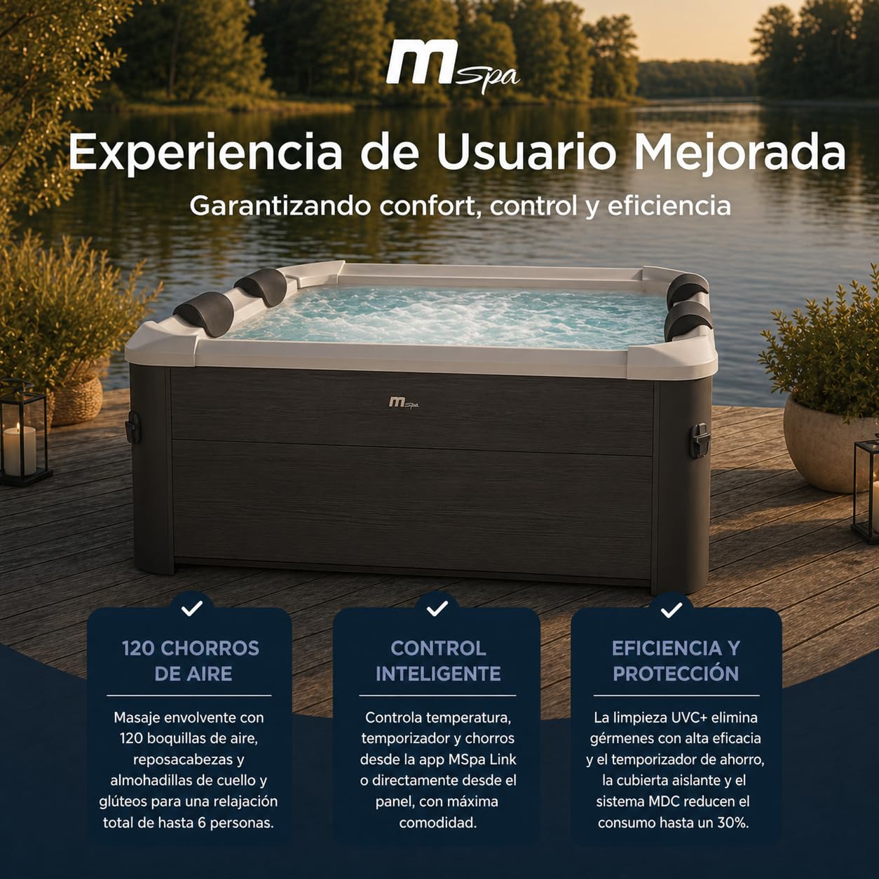 MSpa Tribeca SPA rígido Cuadrado 4-6 Personas con 120 chorros Aerojet, 8 Jets de Agua, LED, UVC+, ozono y Control Inteligente