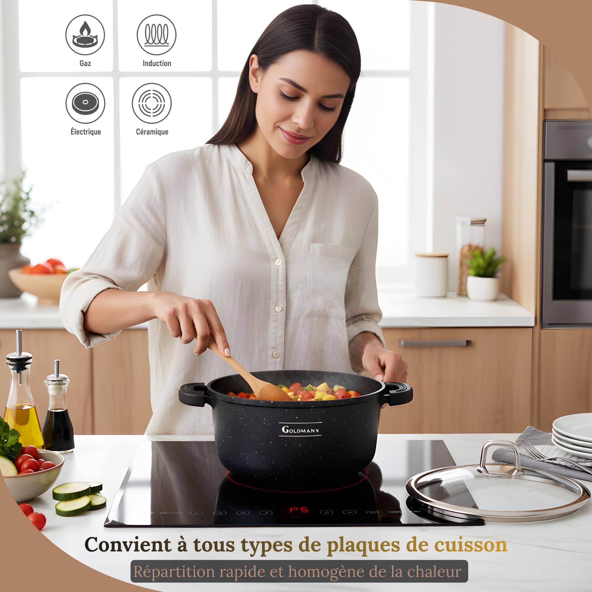 GOLDMANN en cocotte aluminium, 28 cm - 6.5 L, revêtement antiadhésif en céramique effet marbre, couvercle en verre, compatible induction et tous feux, passe au four et sans PFOA
