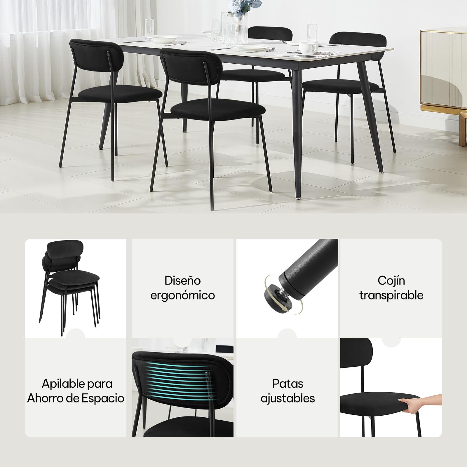 Lestarain 4X Sillas Comedor con Respaldo, Sillas Cocina con Asiento Tapizado, Sillas Modernas para Dormitorio, Salón y Cocina, Sillas Comedor Nórdicas, Terciopelo, Negro