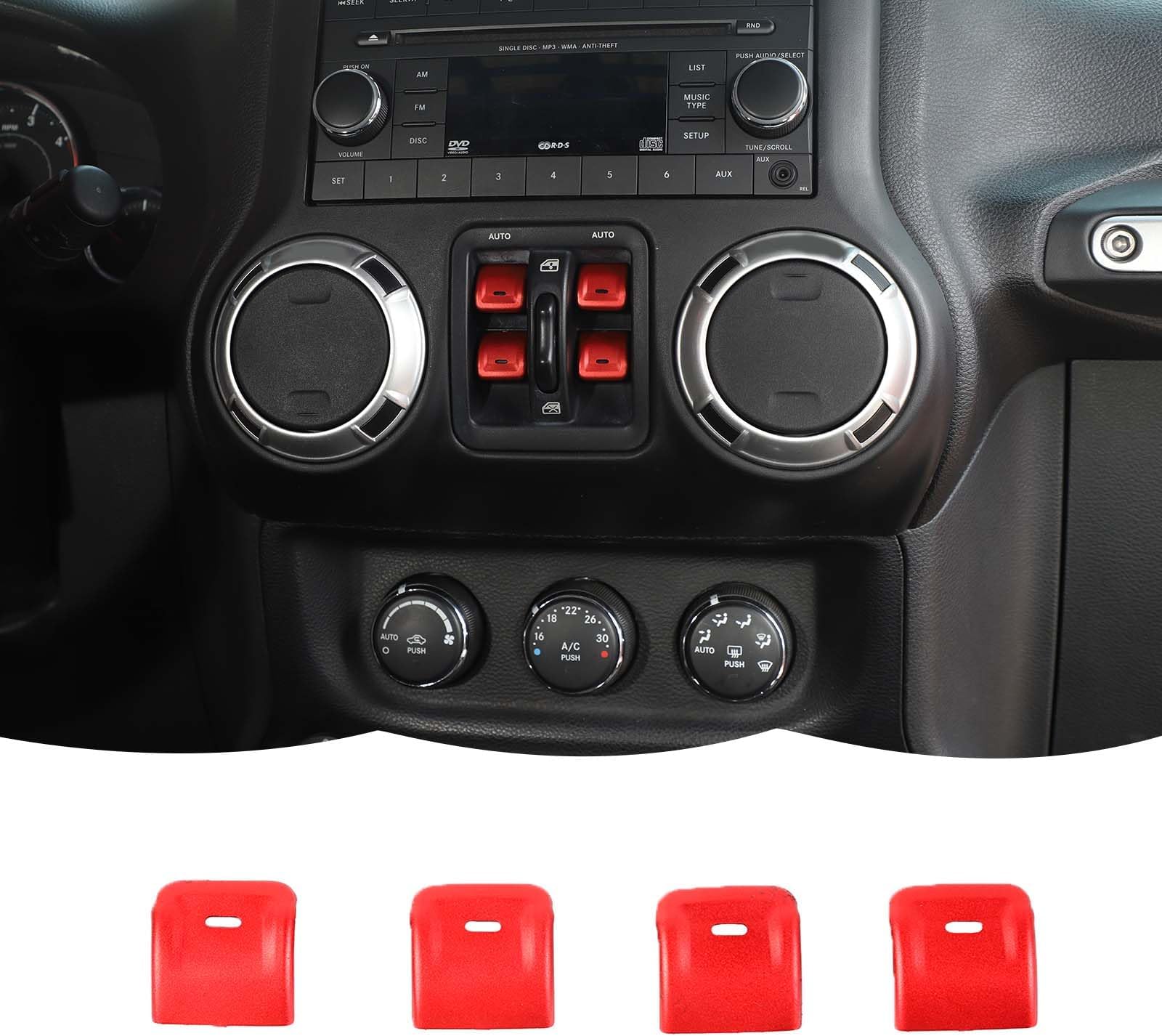 RT-TCZ Center Console Window Button Switch Trim Cover Aluminum Alloy Decoration Interior Accessories Compatible with Jeep Wrangler JK JKU 2012-2017,Red
