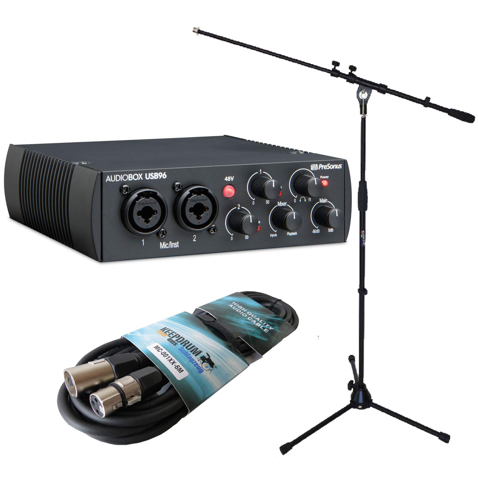 PreSonus Audiobox USB 96 Black Interface + Keepdrum MS106 treppiede per microfono + cavo XLR da 6 m
