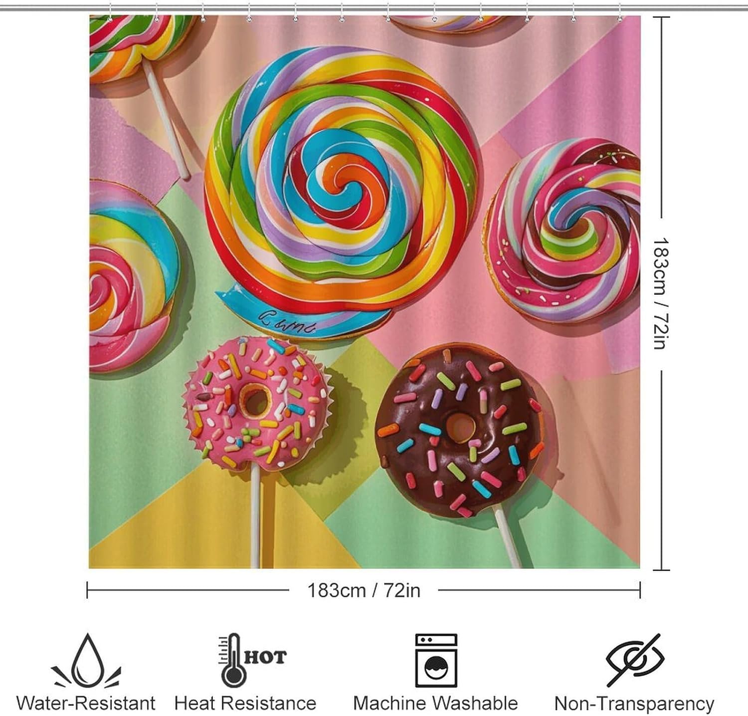 Colorful Sweet Donut Shower Curtain Set 4 Piece, Non-Slip Bath Mat with Toilet Lid Cover and Waterproof Shower Curtain with 12 Hooks, Complete Bathroom Set for Home Decor