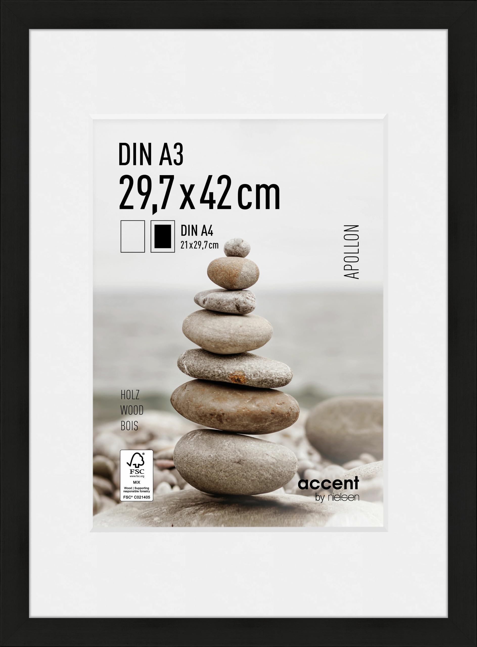 accent by nielsen Apollon Wooden Picture Frame - Black A3 (29.7x42cm) with White Mount for A4 Picture - Float Glass and Easy Push and Turn Clips