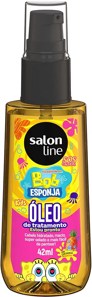 Salon Line Bob Esponja SOS Cachos, Óleo de Tratamento Capilar Infantil, 42ml, Perfume de Abacaxi, Hidratante e Condicionante