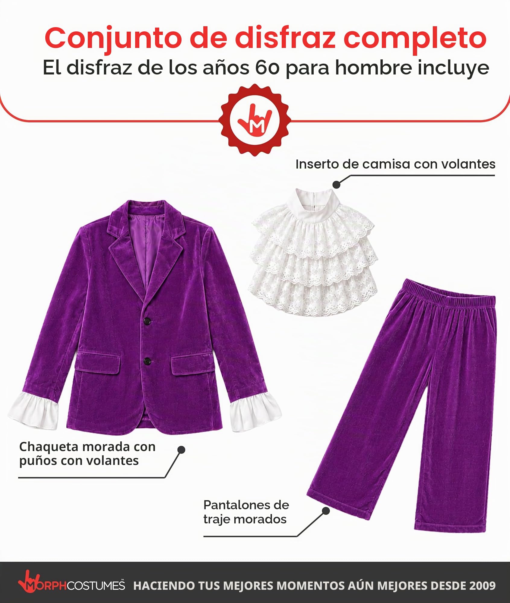 Fun Shack Disfraz Estilo Años 60 70 Hombre Adulto Chaqueta Morada Volantes Pantalón Camisa Chorrera Discoteca Carnaval