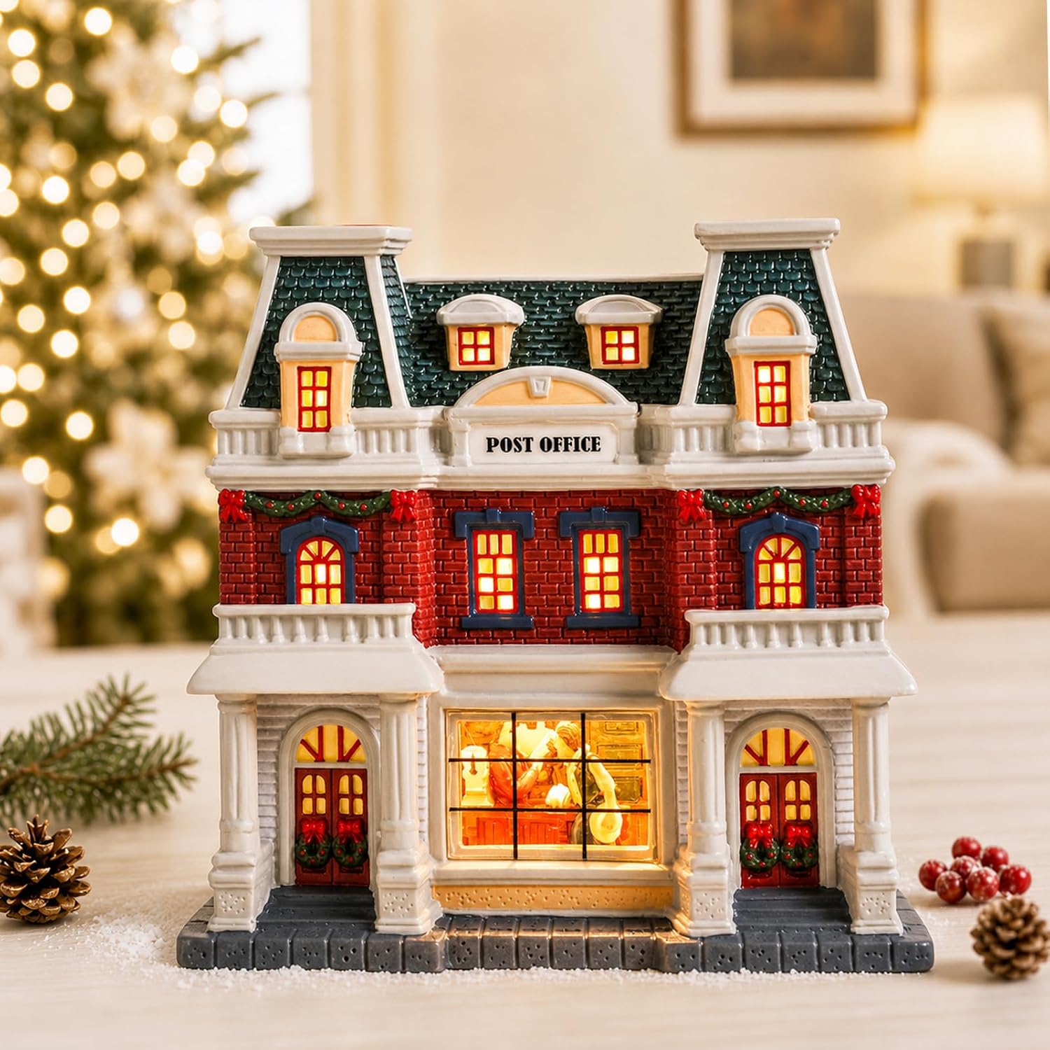 MUMTOP Christmas Village Post Office, Lighted Ceramic Christmas Village