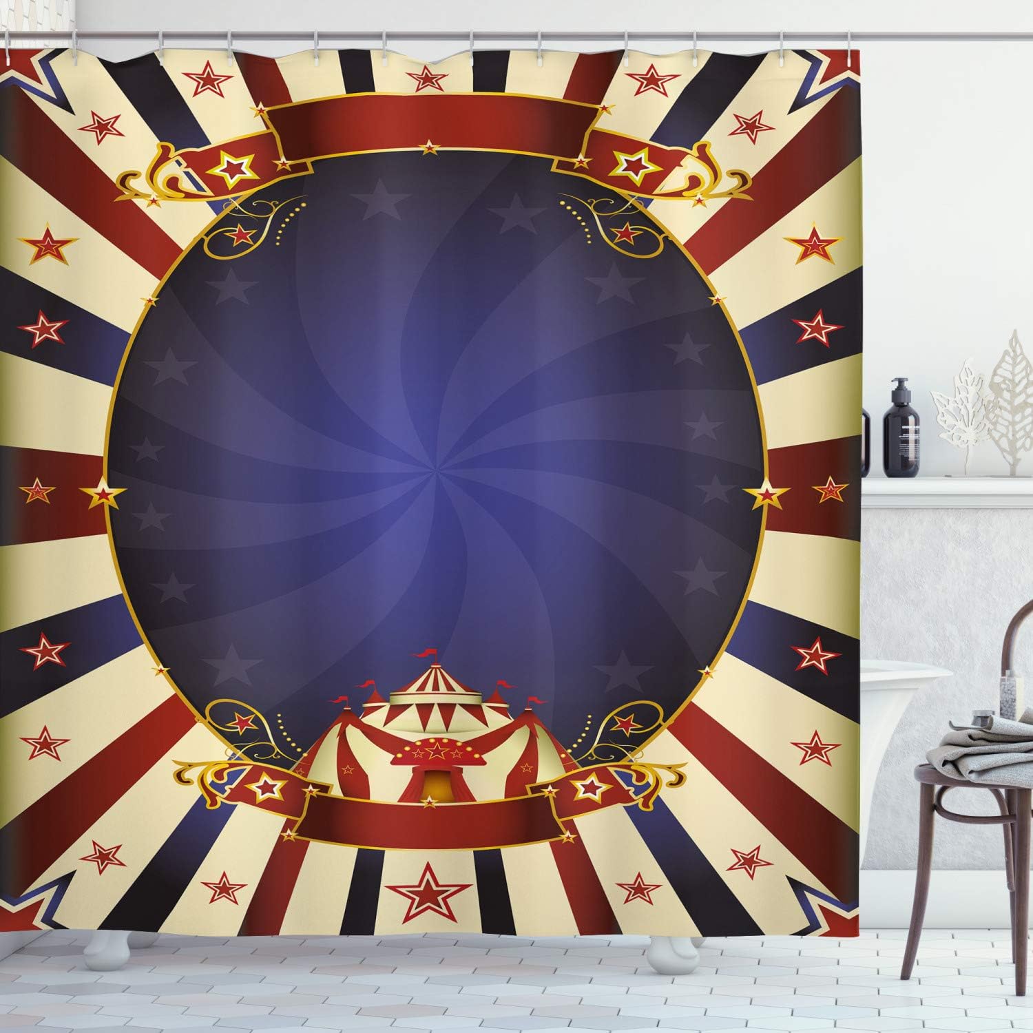 Ambesonne Vintage Shower Curtain, Circus Theme Retro Carnival Tent Ribbon Poster Like Image Illustration, Cloth Fabric Bathroom Decor Set with Hooks, 69" W x 70" L, Pale Yellow Navy Blue