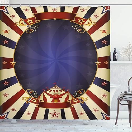 Ambesonne Cortina de ducha vintage, con temática de circo, carpa de carnaval, póster de cinta, ilustración de imagen, juego de decoración de baño de