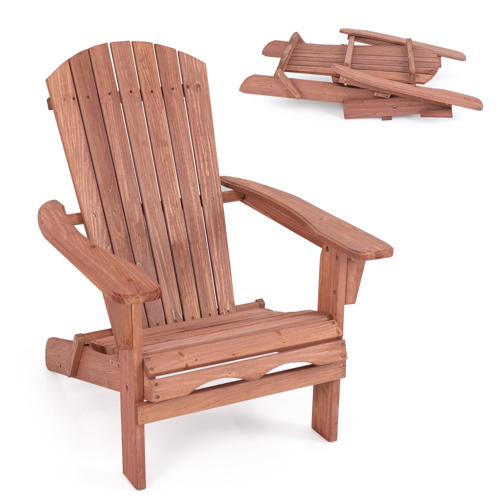 COSTWAY Chaise Adirondack en Bois de Sapin, Chaise de Jardin Exterieur Pliable, Siège à Lattes, Dossier Incliné et Haut, Fauteuil Exterieur pour Jardin Pisine Terrasse, Charge 180 KG, Marron
