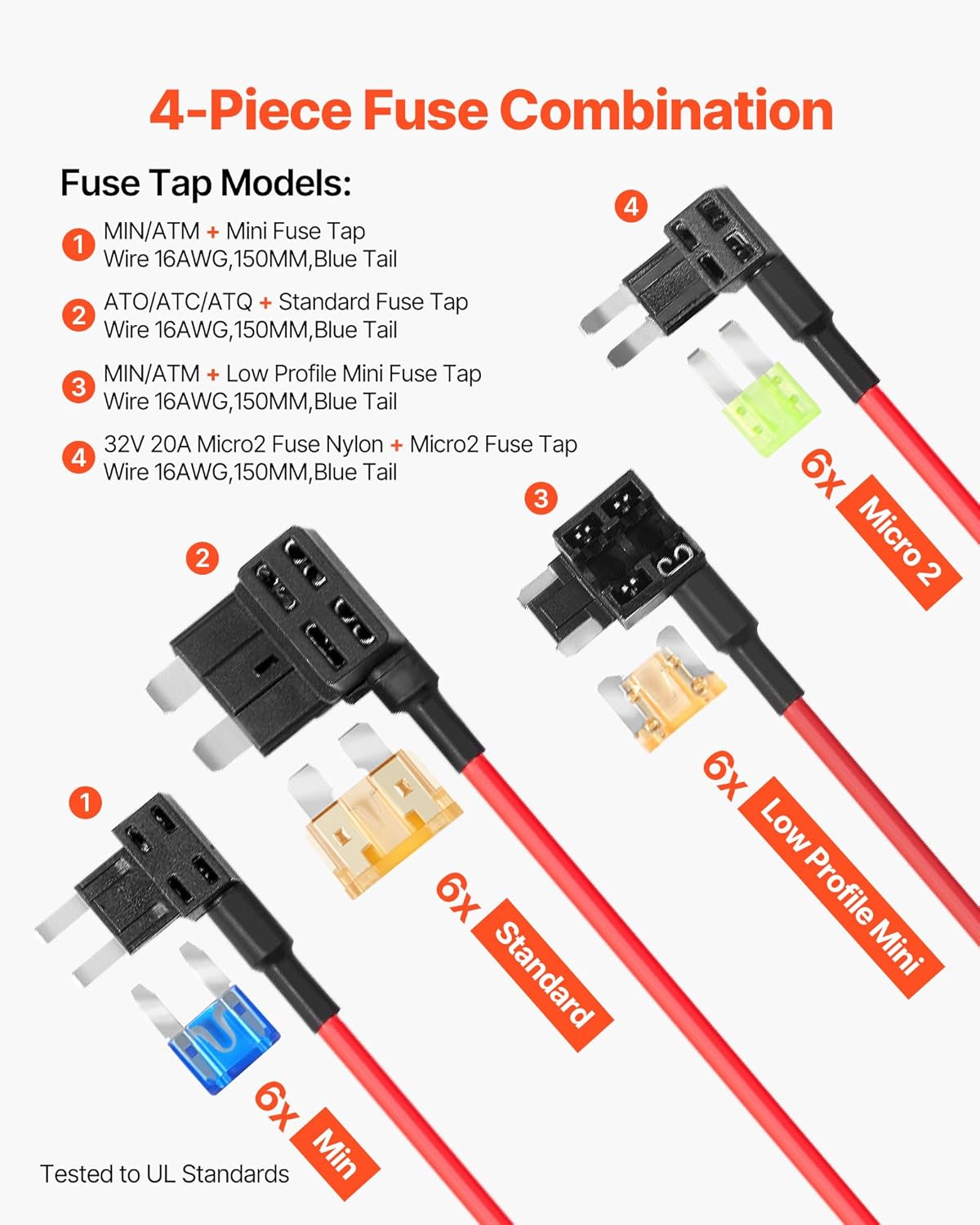 VEVOR Fuse Tap, 24 Packs, 4 Types 12V Car Add-a-Circuit Fuse Tap Adapter, Standard Mini Micro2 and Low Profile Mini Blade Fuses Holder, ATO ATC ATM Fuses Adapter Jumper for Cars Trucks Boats