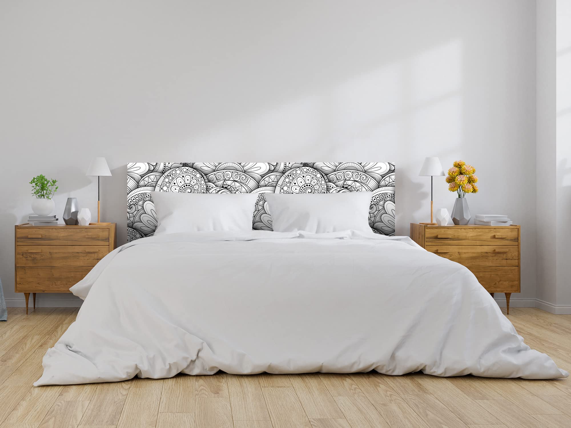 Oedim Cabecero Cama PVC Mandala Flores Blanco y Negro 150x60cm | Disponible en Varias Medidas | Cabecero Ligero, Elegante, Resistente y Económico