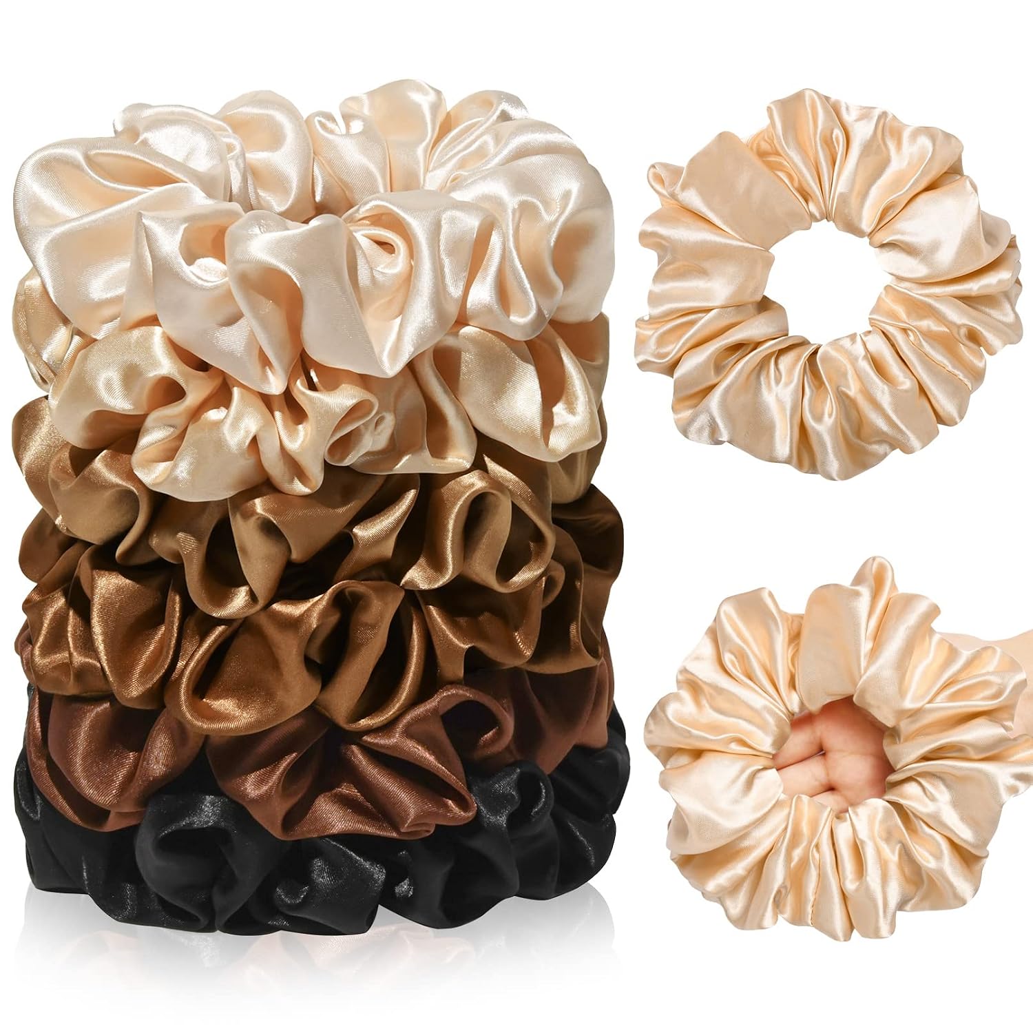 Large Silk Satin Scrunchies for Women Big Scrunchies Jumbo Satin Hair Ties Oversized Hair Scrunchies for Thick Curly Hair Pack of 6 (Black,Champagne,Brown,Gold)