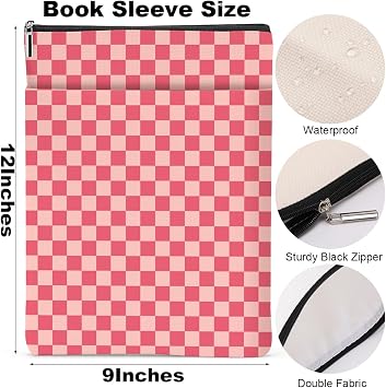 Pink Checkered Pattern Book Lovers Gifts Waterproof Book Sleeve Book Pouch Book Protector with Zipper & Front Pocket BookCover Case for Women Girl Readers Librarian Book Accessories Book Club Gifts
