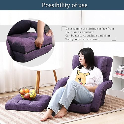 Miniatura 7 de FLOGUOR Silla de suelo, tumbona para interiores, sofá perezoso plegable ajustable de 42 posiciones con reposabrazos y una almohada, sillas