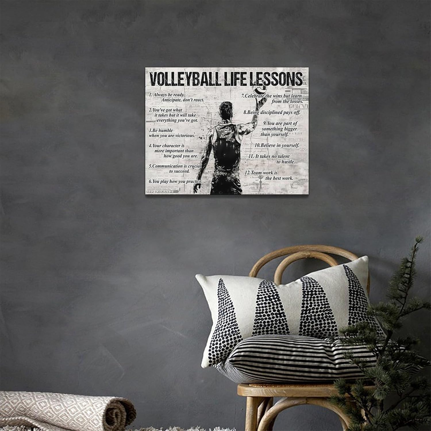 Volleyball Sports Wall Art Volleyball Life Lessons Wall Decor Volleyball Sign Retro Poster Boy Men Room Motivational Decorations Canvas Print Painting Artwork for Bedroom Bathroom Living Room 16"x12"