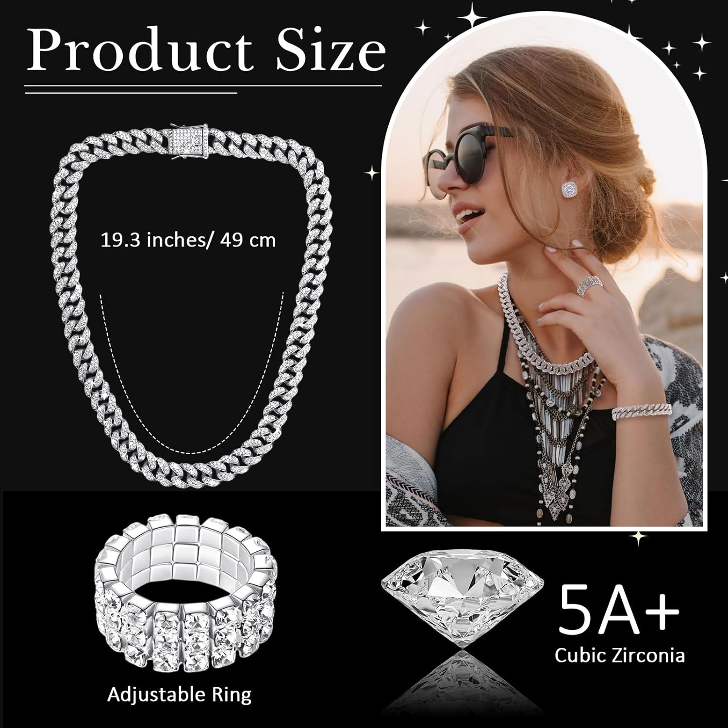 Tiamon 7 Pcs Cuban Link Chain Jewelry Set with Silver Rhinestone Necklace Bracelet Bling Stud Earrings Stretch Ring for Women Men Halloween Punk - Image 2