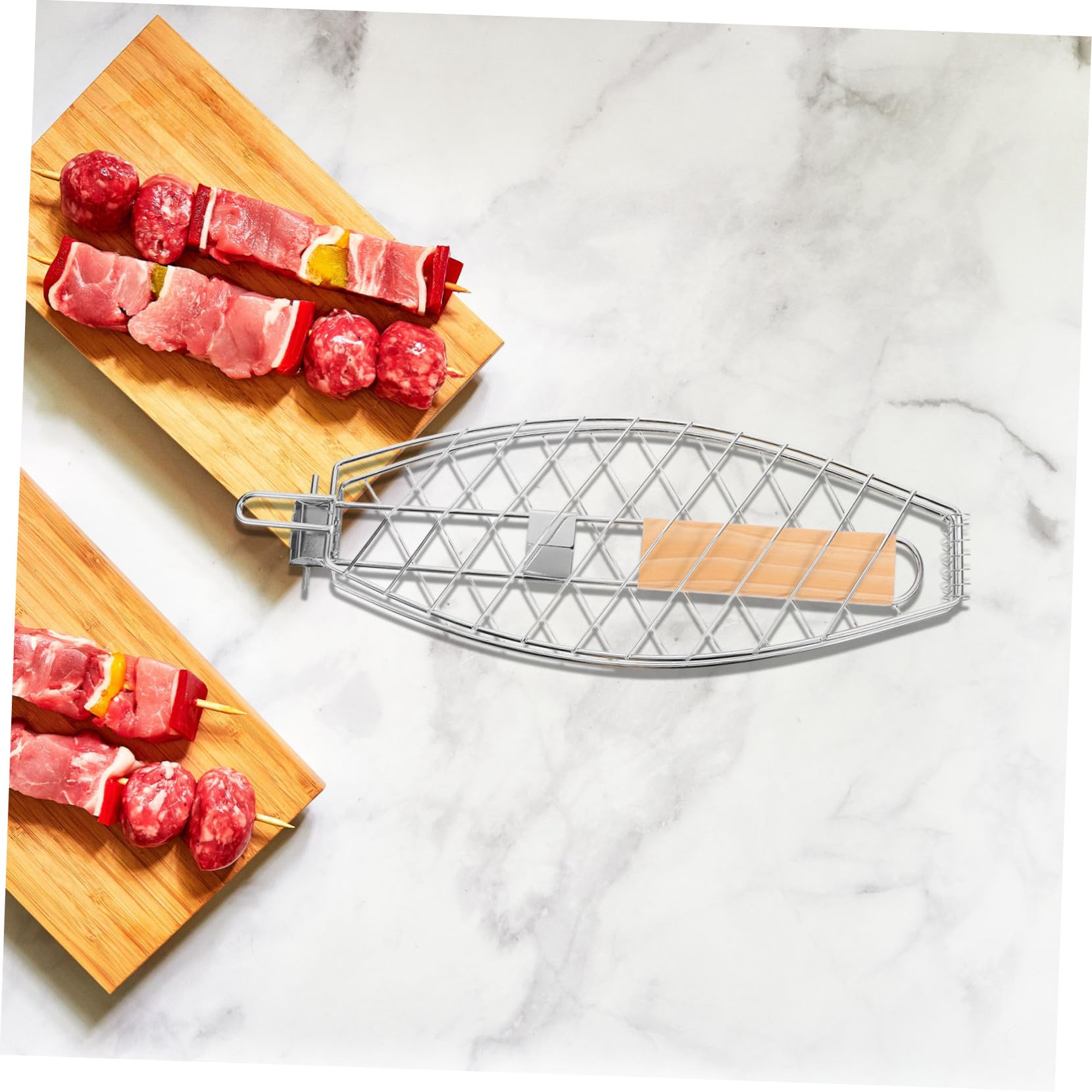 2 cestini pieghevoli per grigliare il pesce in acciaio inox, con manico inclinato, multiuso, per barbecue all'aperto, frutti di mare, vetables e carne e accessori versatili per barbecue