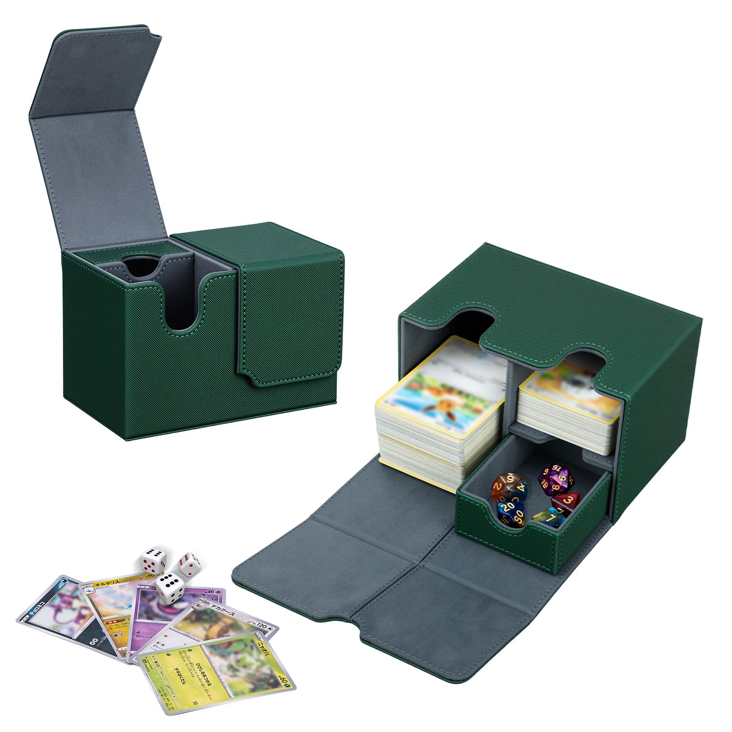 Tolesum Doppio Deck Box Porta Mazzo per MTG, Capacità di 200+ New Carte Senza Maniche con 2 Piastra & 1 Dice Tray, Magnetic Flip Deck Box per Scatola di Carte di Collezione Magic Commander TCG -Verde