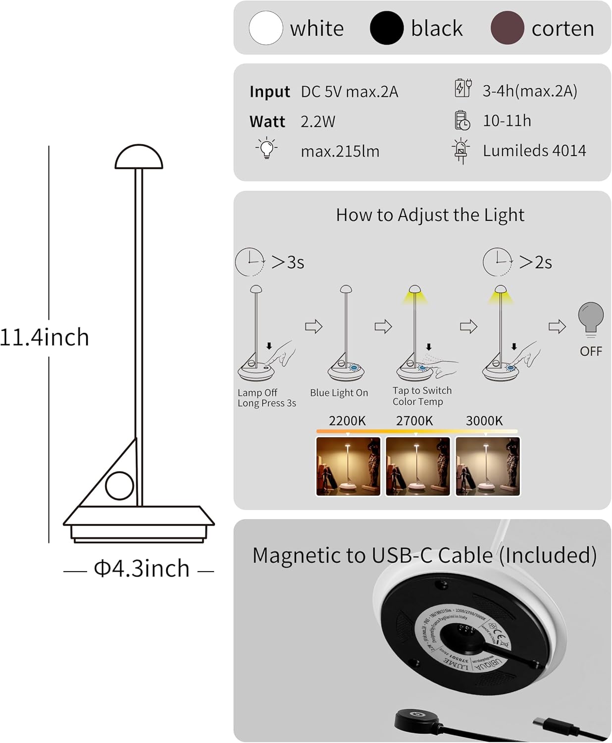 Cordless Table Lamp - LUME, Geometric Aesthetics, Magnetic Charging, Dimmable & Adjustable Lighting, IP65- Portable Rechargeable LED Lamp for HoReCa, Bedroom, Living Room, Outdoor Use (Corten)