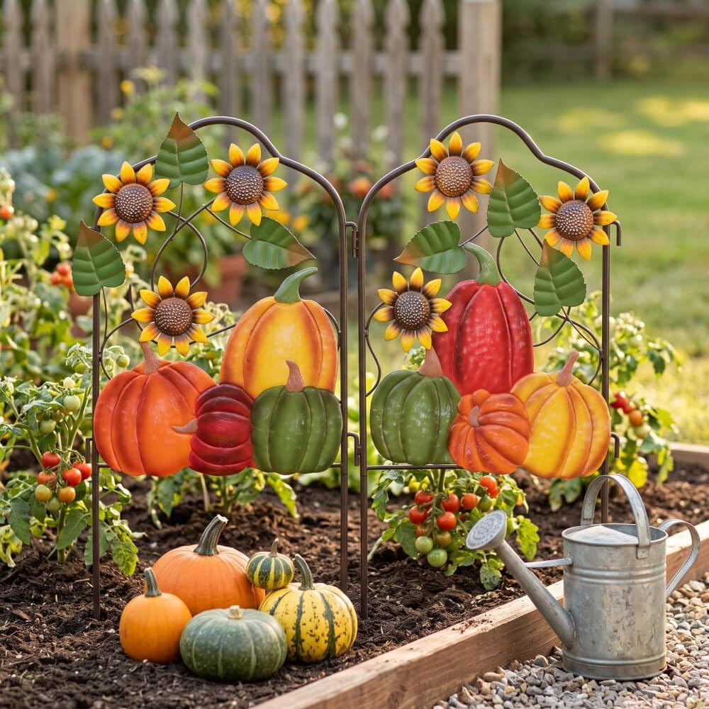 hogardeck Herbstdekorationen für Zuhause und draußen, Set mit 2 Metallzaun, dekorative Gartenpfähle mit Kürbis-Sonnenblume für Herbstdekoration, Metall-Hofschilder für Garten, Rasen, Terrasse