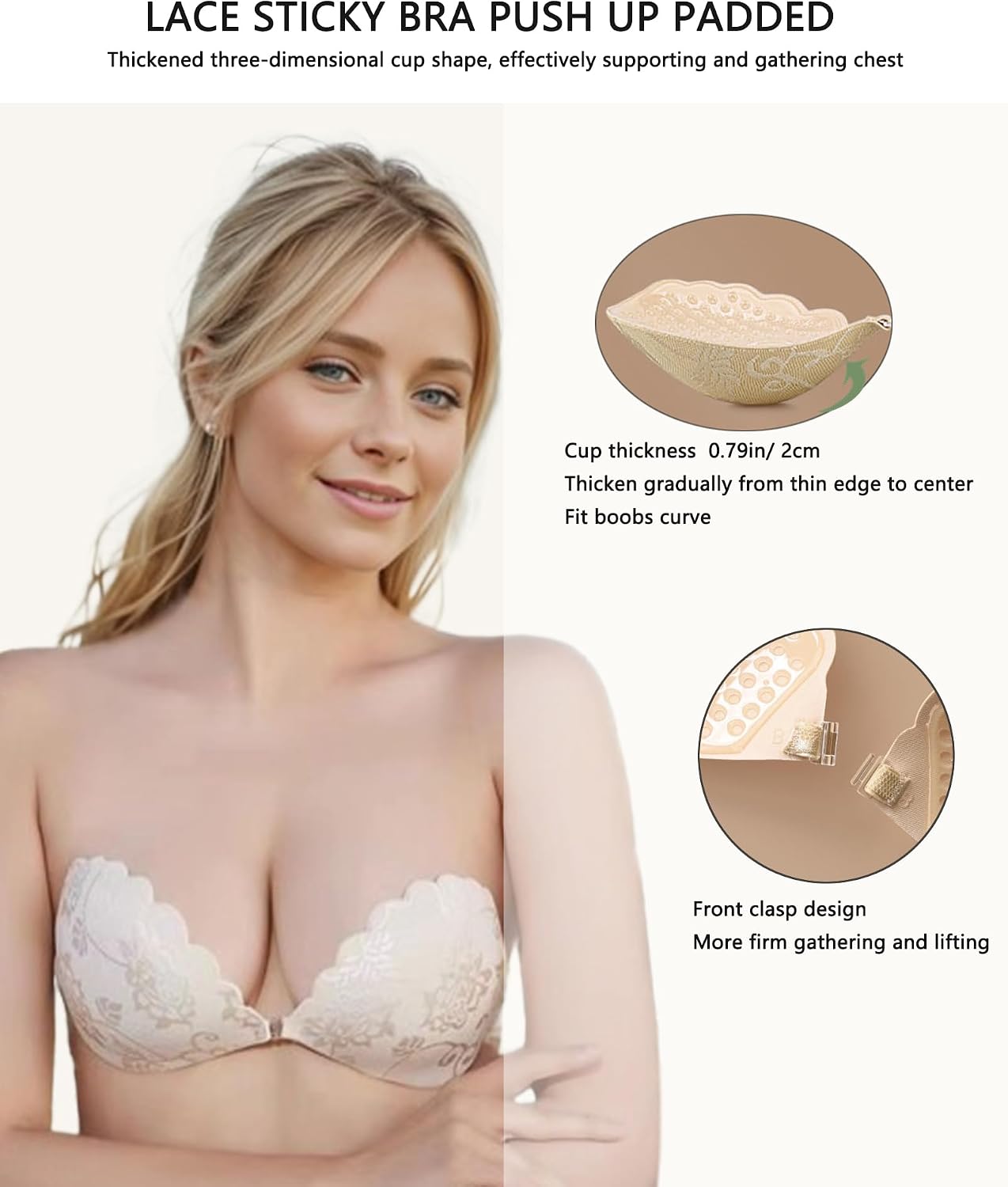 Adhesive Bra Push up Strapless Sticky Invisible Upgrade Lace Bras for Women Dress Backless with Detachable Strap Nipple Cover