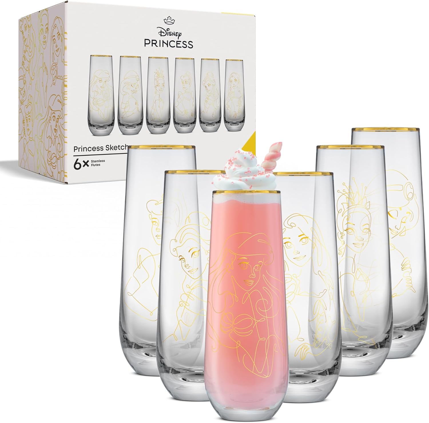 JoyJolt Disney Princess Sketch Stemless Flutes, 9.5oz Glass Cups ft Princes Jasmine Ariel Belle Cinderella Tiana Rapunzel, Kitchen Glassware Set of 6, Disney Gifts for Adults - Image 8