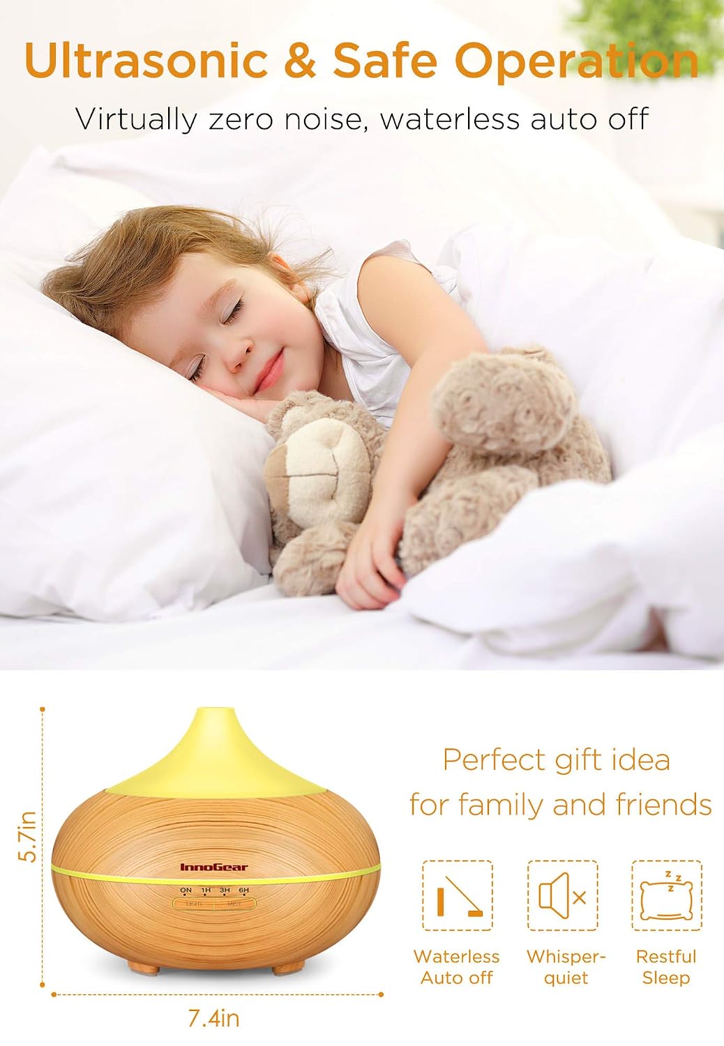 InnoGear 500ml Aromatherapy Essential Oil Diffuser Wood Grain Aroma Diffusers Cool Mist Humidifier with Timer Adjustable Mist 7 Color Changing Night Lights Waterless Auto Shut-off