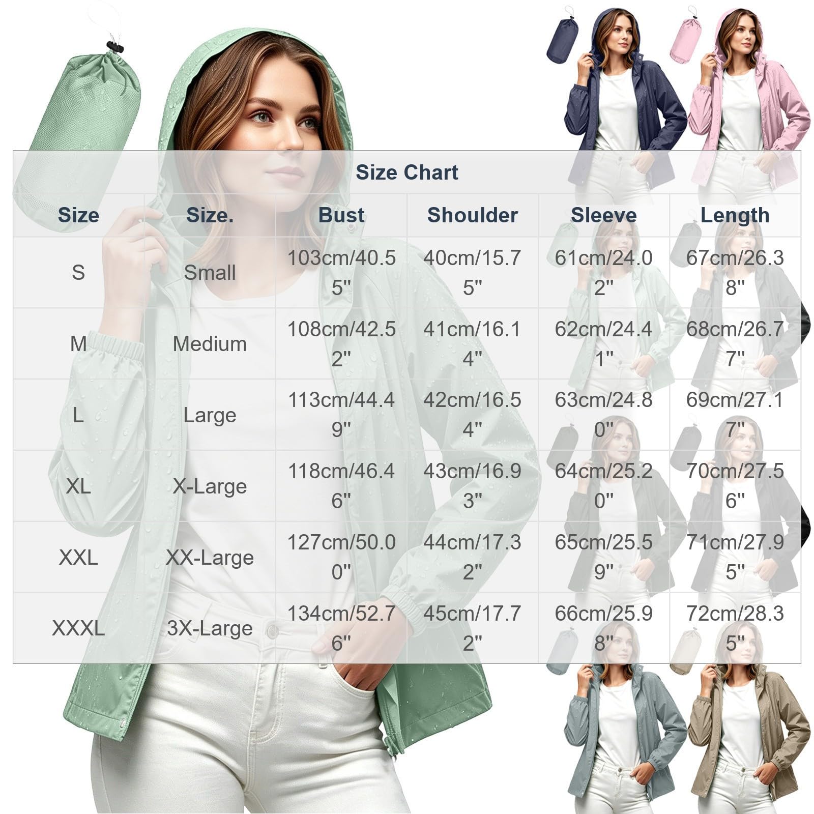 Generisch Chaqueta de lluvia para mujer, impermeable, plegable, con capucha, ligera, chaqueta de entretiempo, para deportes al aire libre, chaqueta de otoño para moto, chaqueta softshell para