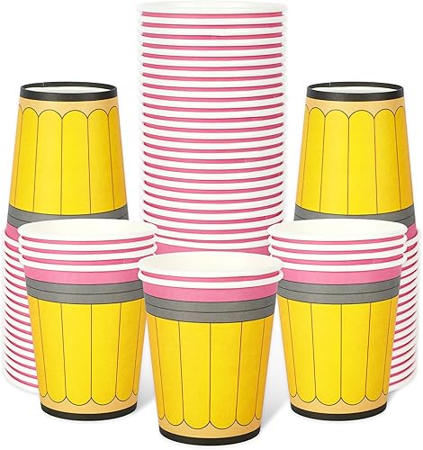 Whaline 50 vasos de papel para el regreso a la escuela, 9 onzas, diseño de lápiz amarillo, tazas desechables para la temporada escolar, tazas de