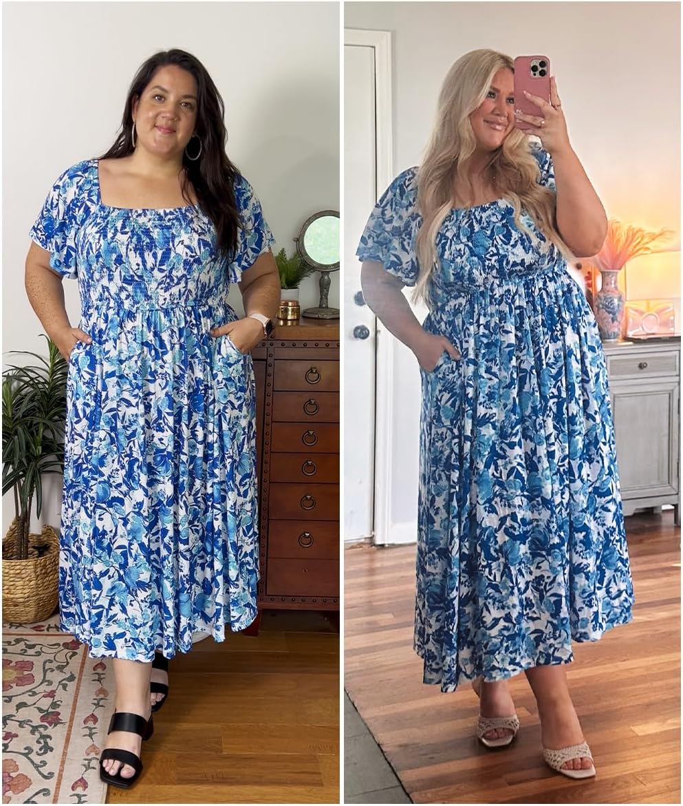 RITERA Plus Size Dresses for Curvy Women Square Neck Short Sleeve Summer Floral Smocked Maxi Dress with Pocket XL-5XL - Image 2