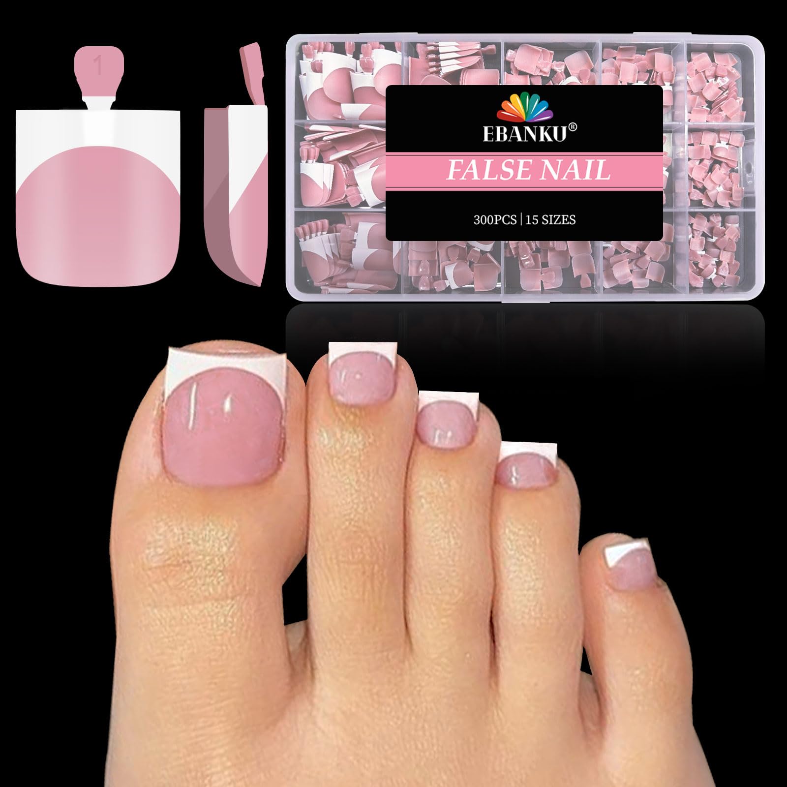 EBANKU 300PCS French Tip Toe Press on Nails, Shark Square Pre-Designed Soft Gel Thick False Toenail Extension