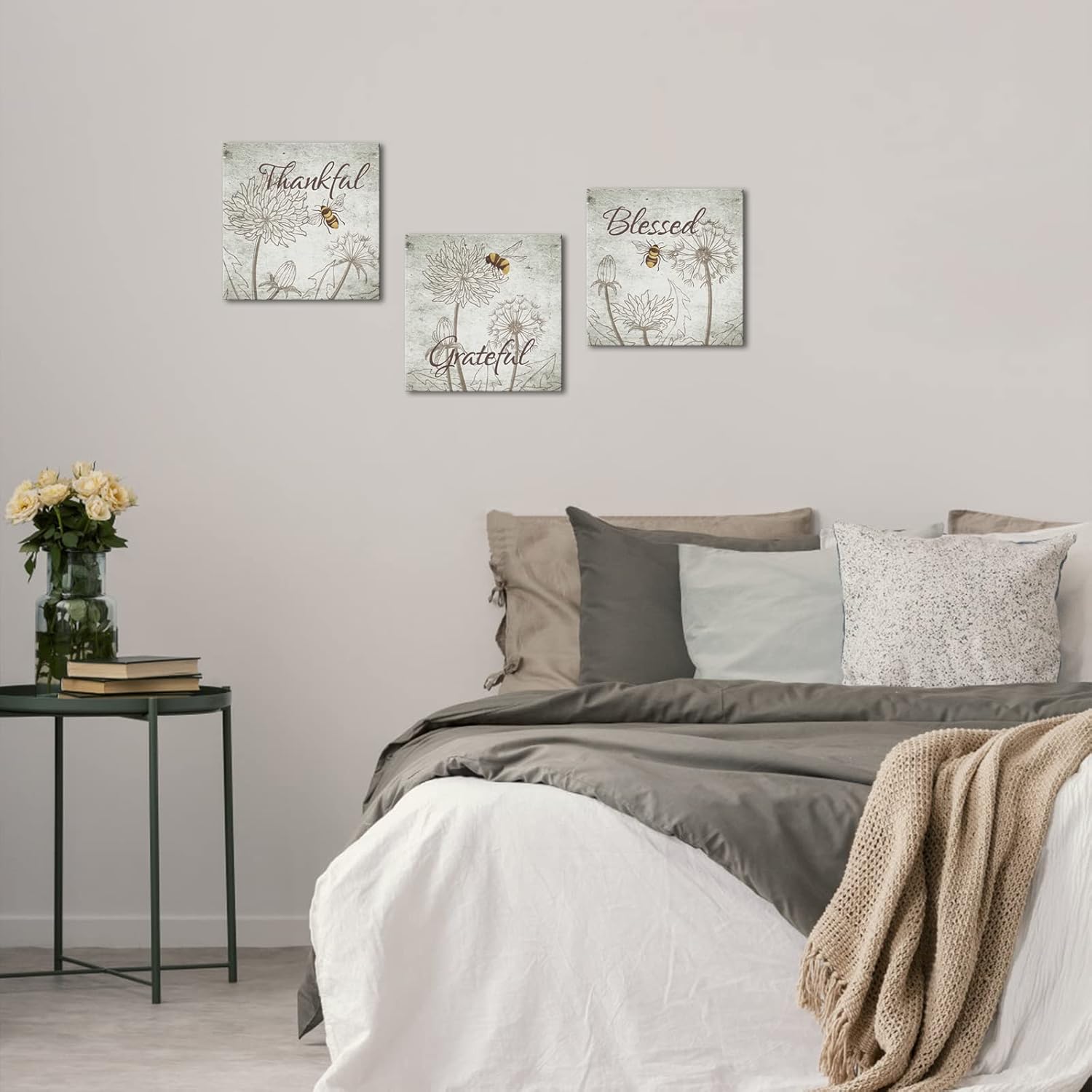 KLVOS Inspirational Quote Wall Art Dandelion Flower Picture Honey Bee Wall Decor Framed and Stretched Artwork for Kitchen Dining Room Bedroom Office Home Decor 12x12 Inchx3PCS