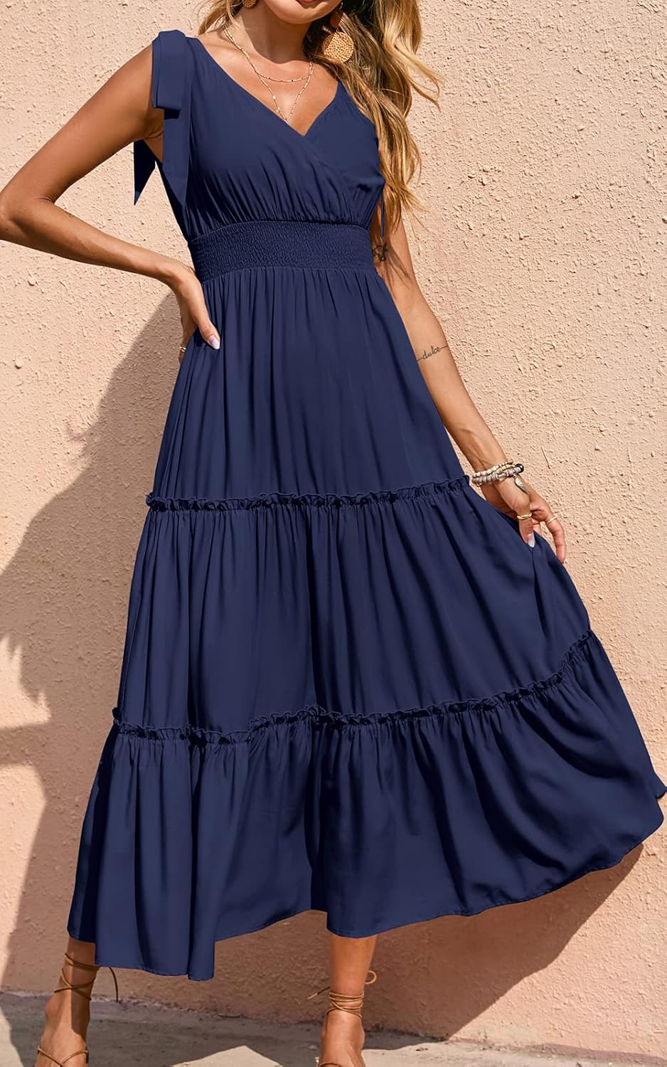 PRETTYGARDEN Women's Cross Neck Spring Sleeveless Tiered Maxi Dress Beach Tie Strap Smocked Long Dresses Pleated Sundress - Image 3