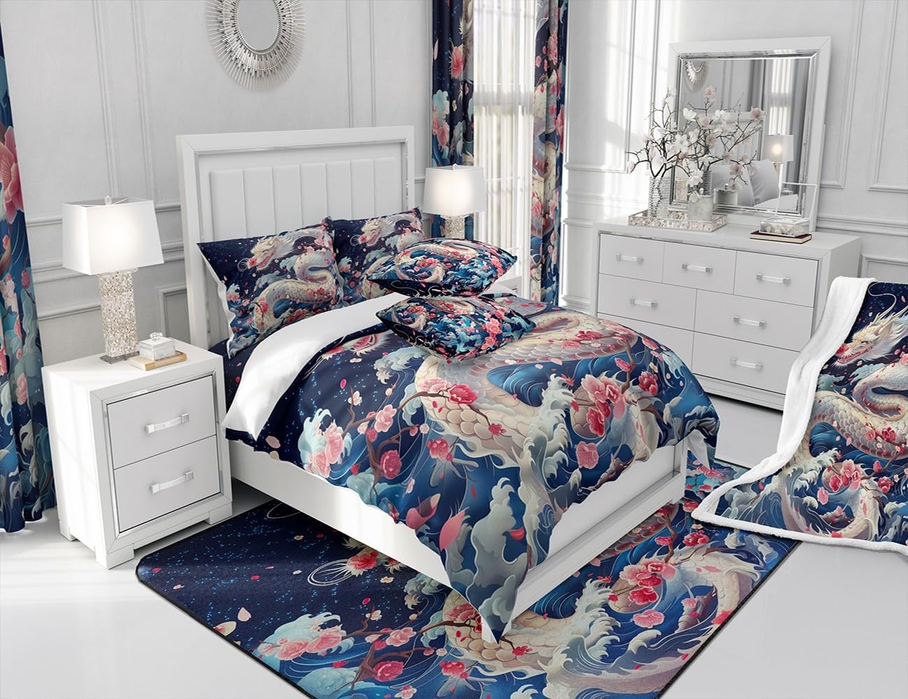 Dragon Comforter Set King Size,Pink Cherry Blossom Japanese Ukiyoe Bedding Set 3Pcs,Kids Girls Boys Teens Room Decor,Ocean Sea Wave Quilt Set Western Wildlife White Dragon Duvet Insert,2 Pillowcases