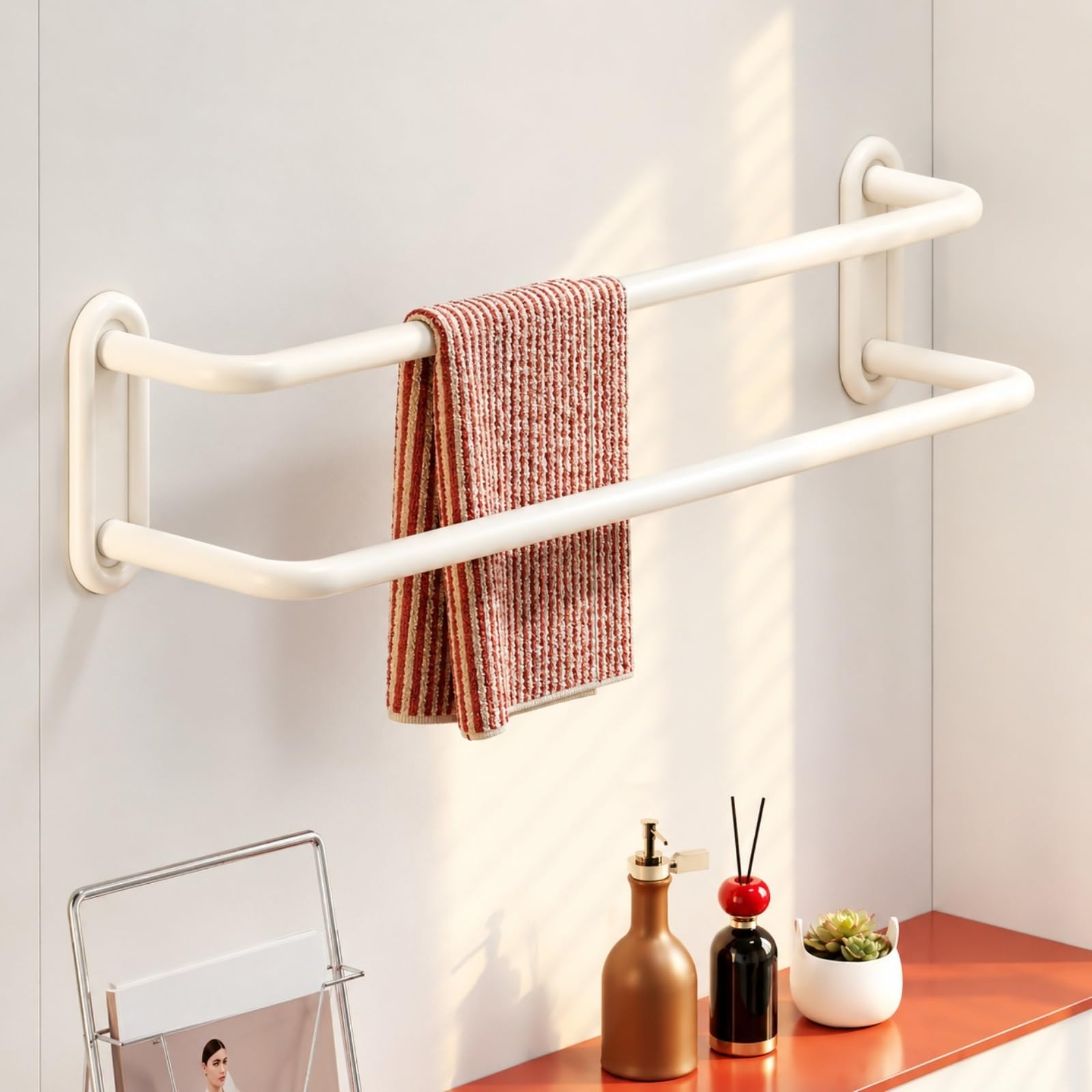 Toallero De Baño Sin Taladro 60 cm, Set De Baño 4 Piezas, Barra Y Ganchos