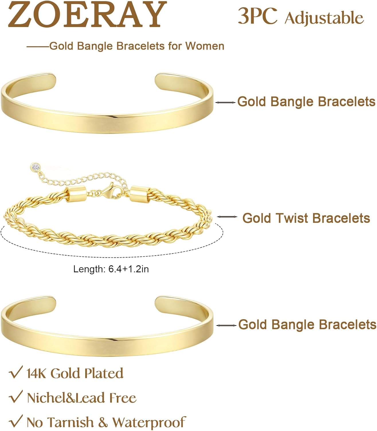 ZOERAY Silver Gold Bangle Bracelets for Women Non Tarnish 14k Gold Plated Stackable Cuff Bracelets for Women Trendy Cubic Zirconia Stainless Steel Chunky Bracelet Stack Set Waterproof Jewelry Gifts - Image 5