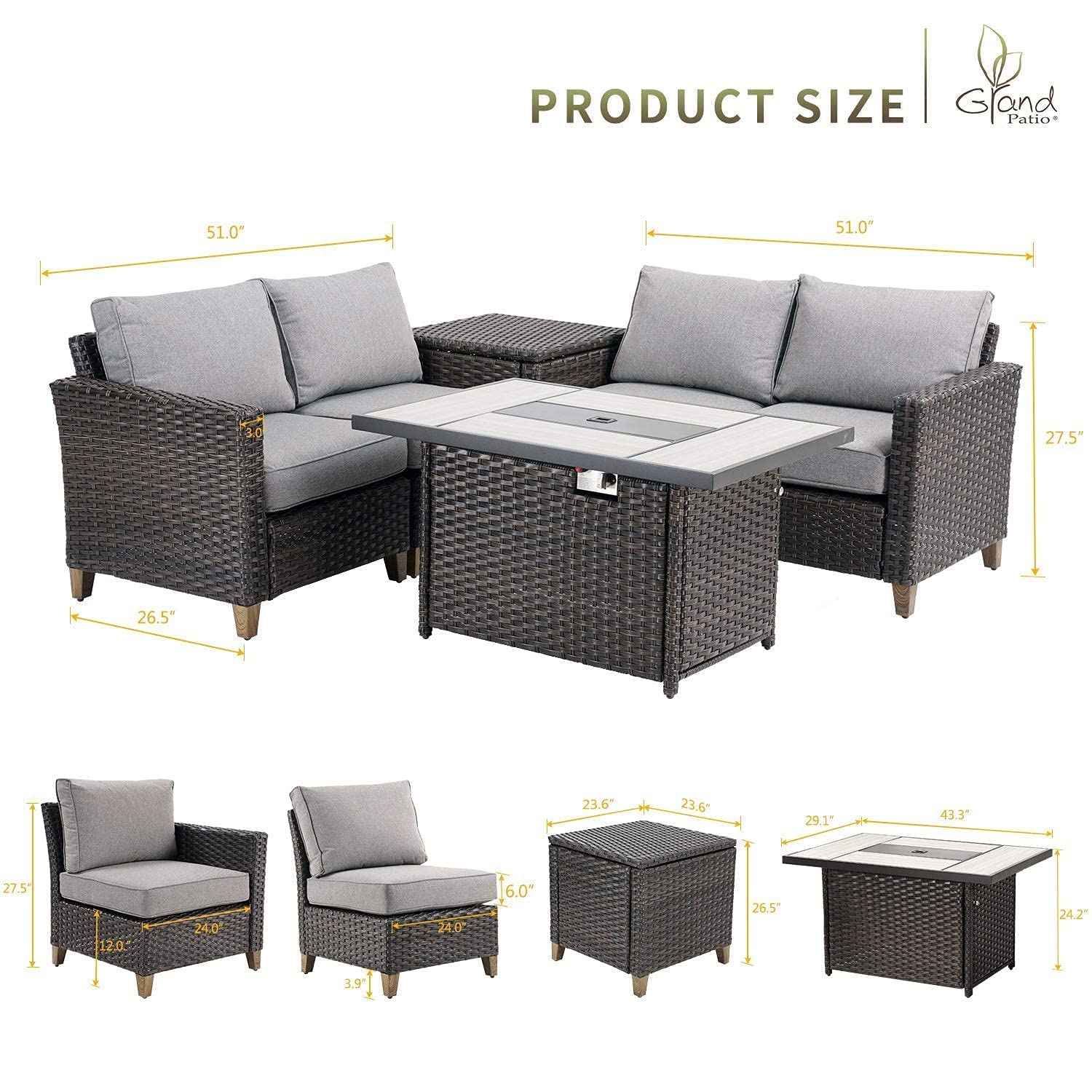 Grand Patio Sofa Sets 6 Pieces Conversation Set with Fire Pit Table, PE