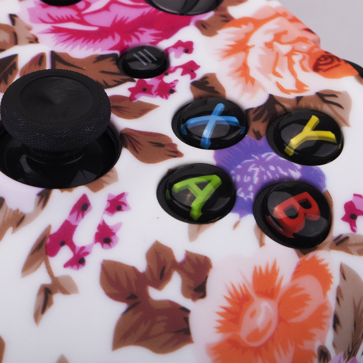 YoRHa Printing Rubber Silicone Cover Skin Case for Xbox One S/X Controller x 1(Flowers) with PRO Thumb Grips x 8