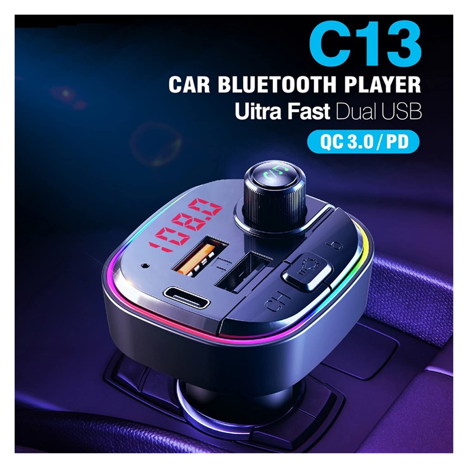 Adattatore audio Bluetooth. FM. Trasmettitore auto MP3. Modulo audio audio del giocatore Bluetooth del ricevitore audio Bluetooth Modulatore AUX Bluetooth USB Caricabatteria da auto Luce ambientale