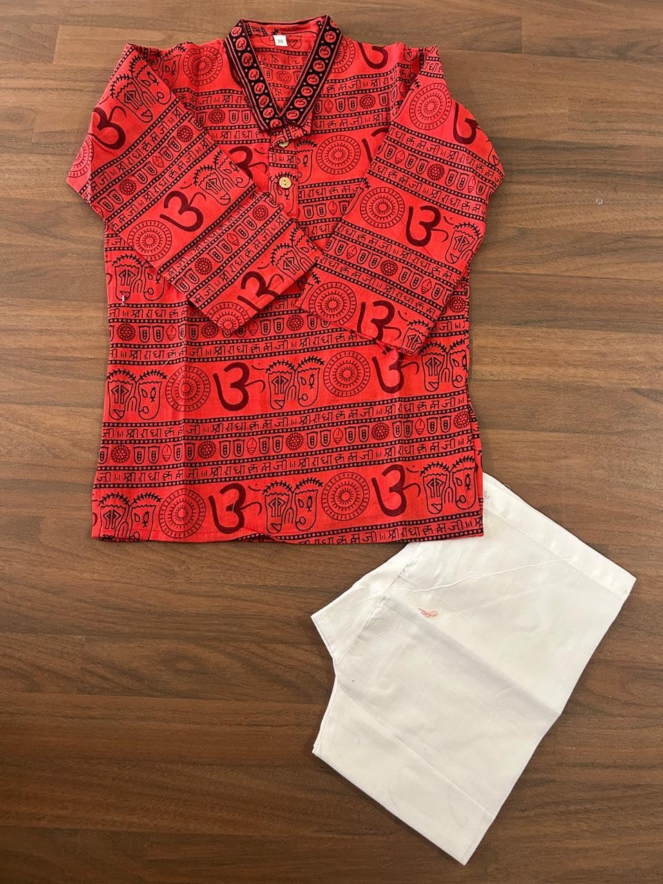 NiAK Traditional Om Print Cotton Kurta and White Pyjama Set, Ethnic Indian Wear, Beige and Red Pattern (Red, 5-6 Years) 2