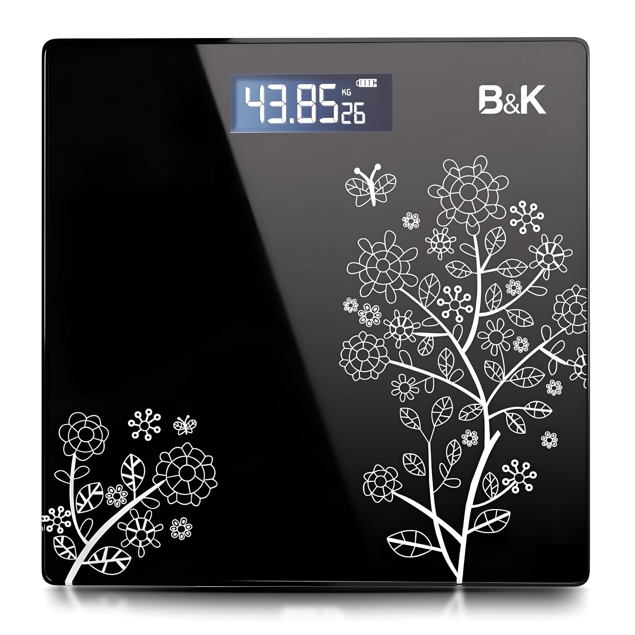 B&K Digital Body Weight Machine with LCD Display 160kg | Tempered Glass Platform, Anti-Skid Padding, Battery Indicator, 28 x 28 cm Size, Floral Design-image-7