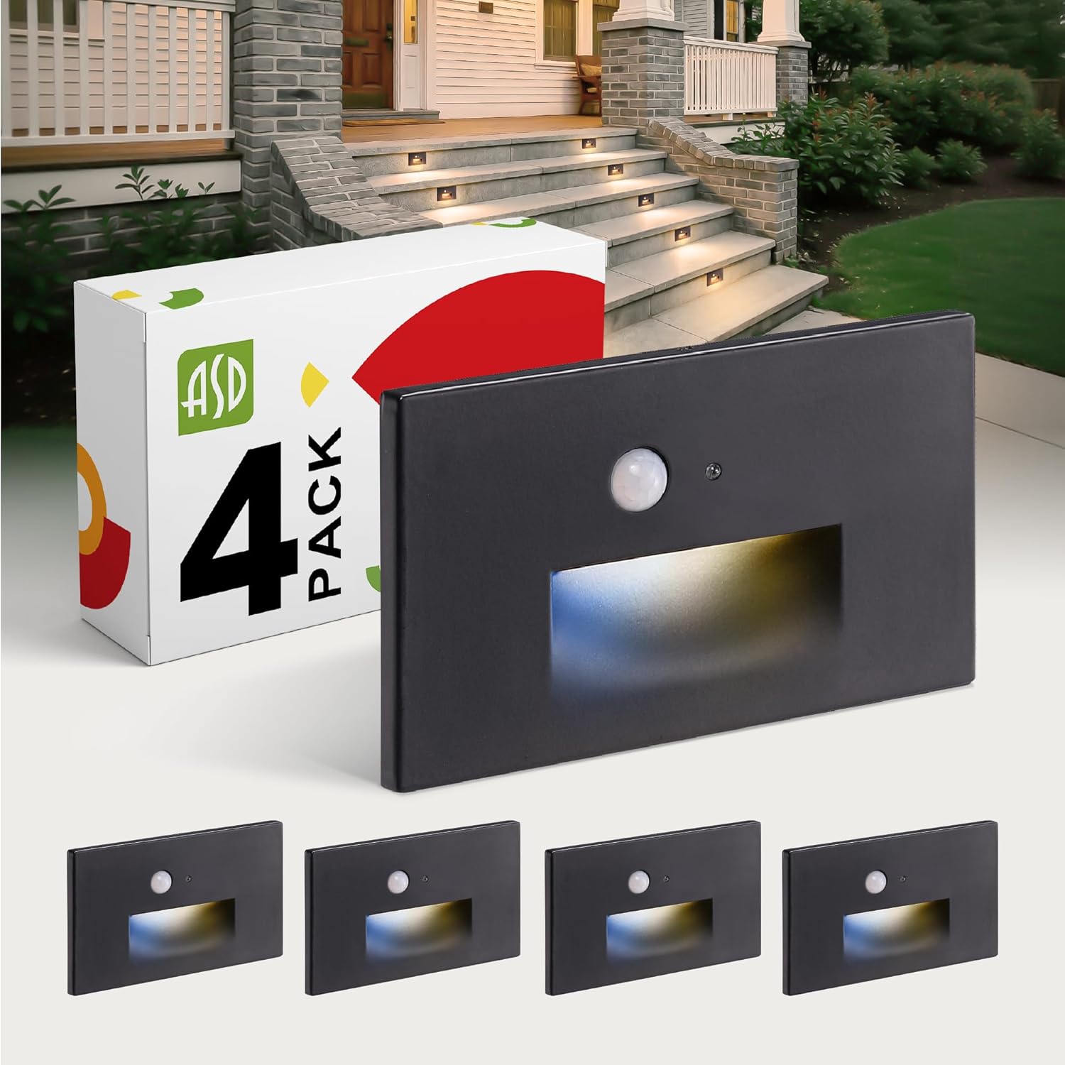 ASD LED Recessed Step Light Fixture, Dusk to Dawn Outdoor Tread Lighting | 3CCT, Motion Sensor, Photocell, Waterproof, ETL Listed | 3W 120LM 3000K-5000K 120V | Staircase Illumination | Black, 4 Pack
