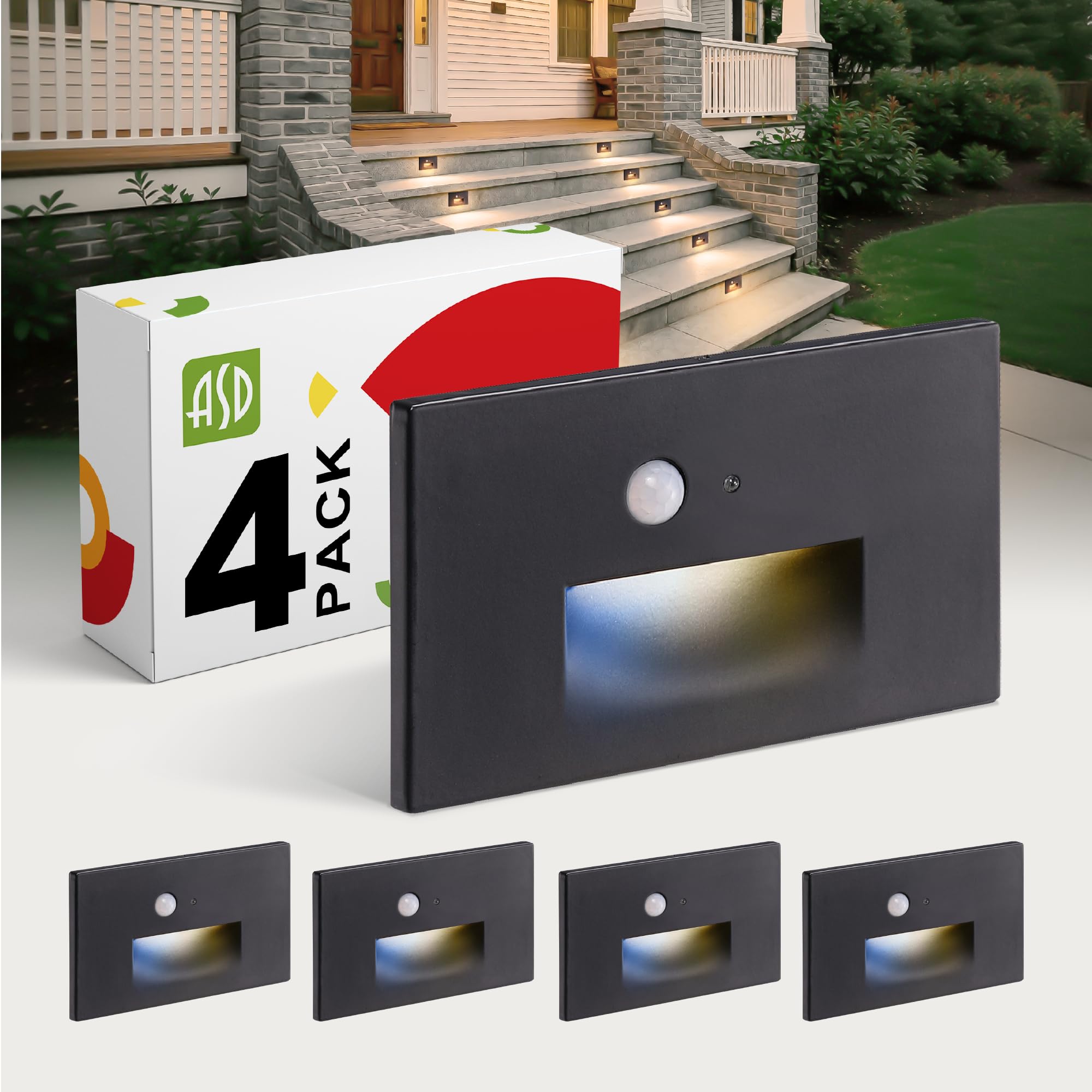 ASD LED Recessed Step Light Fixture, Dusk to Dawn Outdoor Tread Lighting | 3CCT, Motion Sensor, Photocell, Waterproof, ETL Listed | 3W 120LM 3000K-5000K 120V | Staircase Illumination | Black, 4 Pack