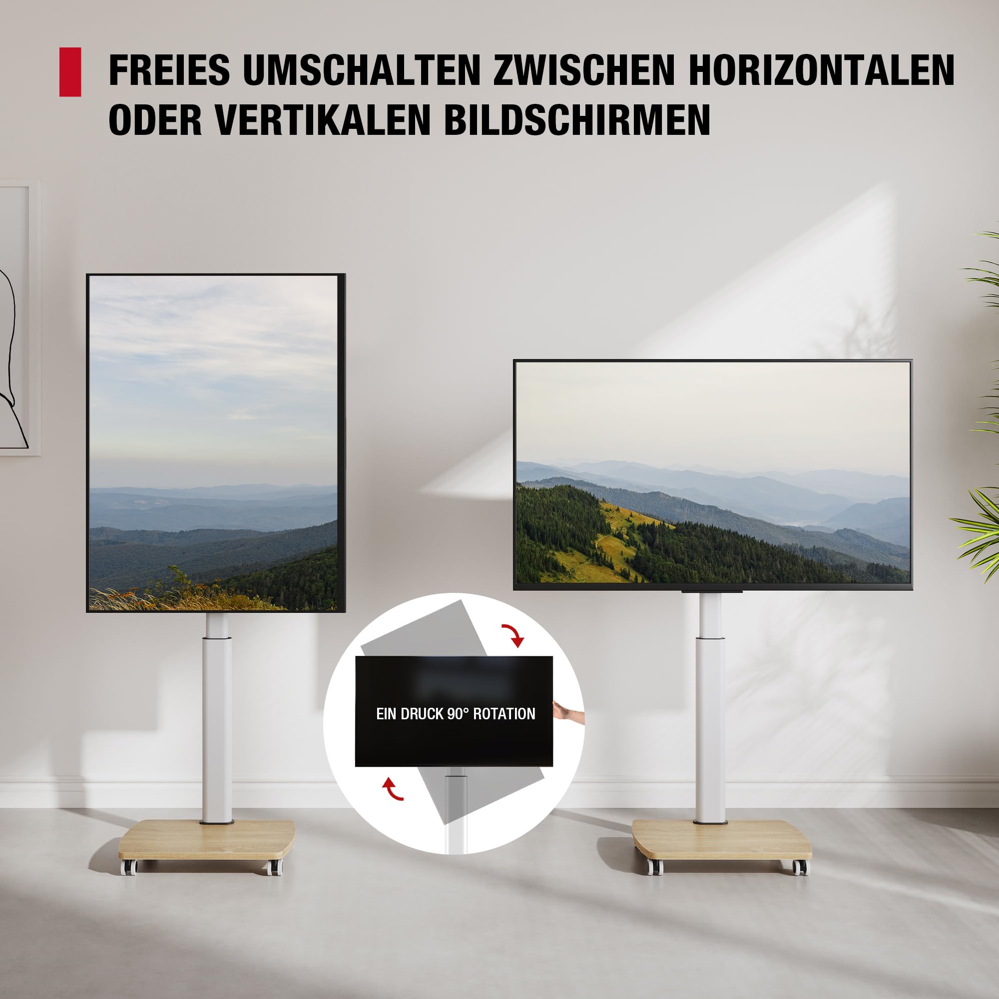 AOKCOS TV Ständer Rollbar mit Holzbasis, Fernsehständer Rotierbar für 19-42 Zoll Fernseher, TV Bodenständer mit Rollen Höhenverstellbar Schwenkbar, bis 20 kg Max. VESA 200x200mm (Weiß+Natur)