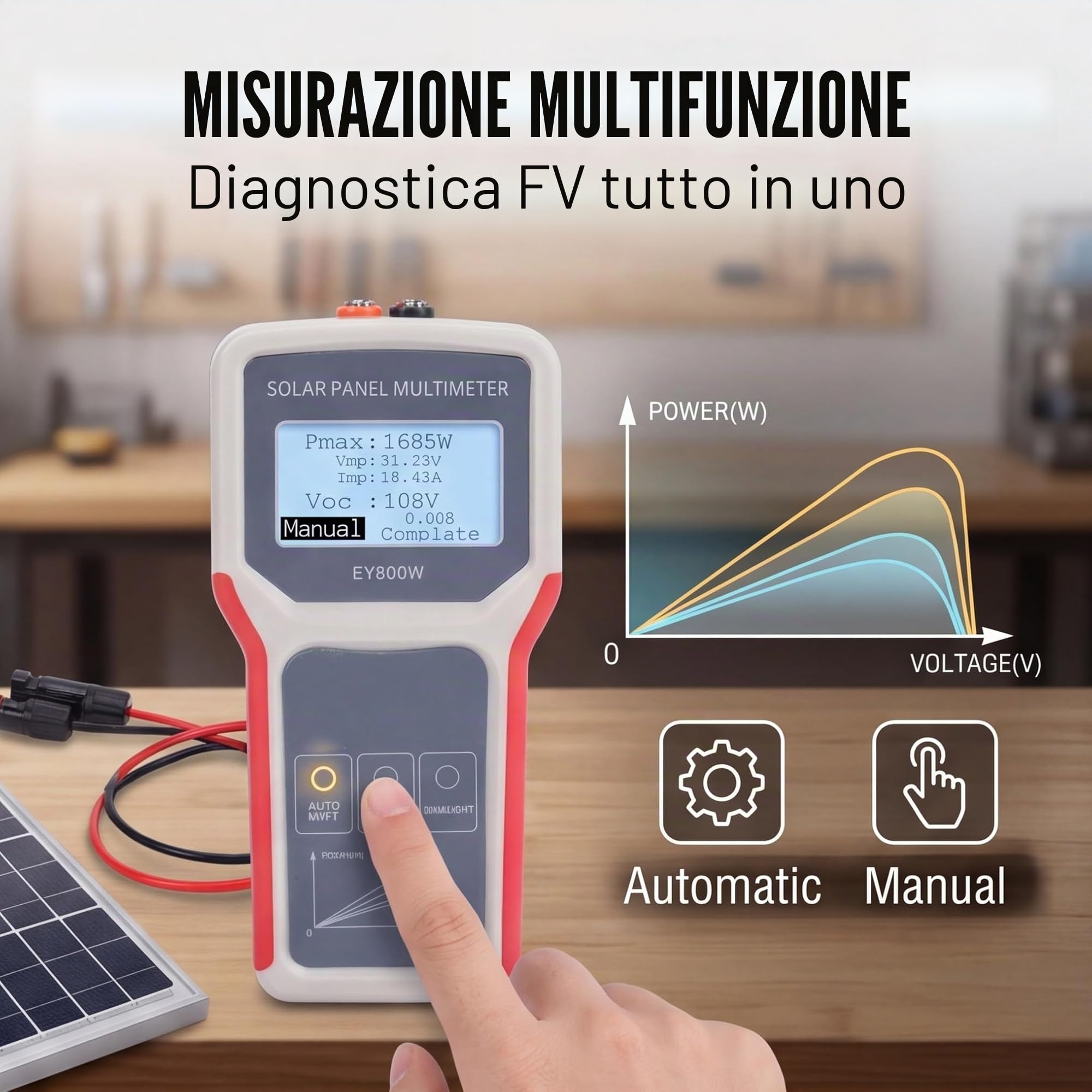 Sxhlseller Tester per Pannelli Solari 5-800 W, 12-60 V 0-35 A MPPT Multimetro Fotovoltaico con Display LCD per la Misurazione Manuale o Automatica della Potenza dei Componenti del Fotovoltaico