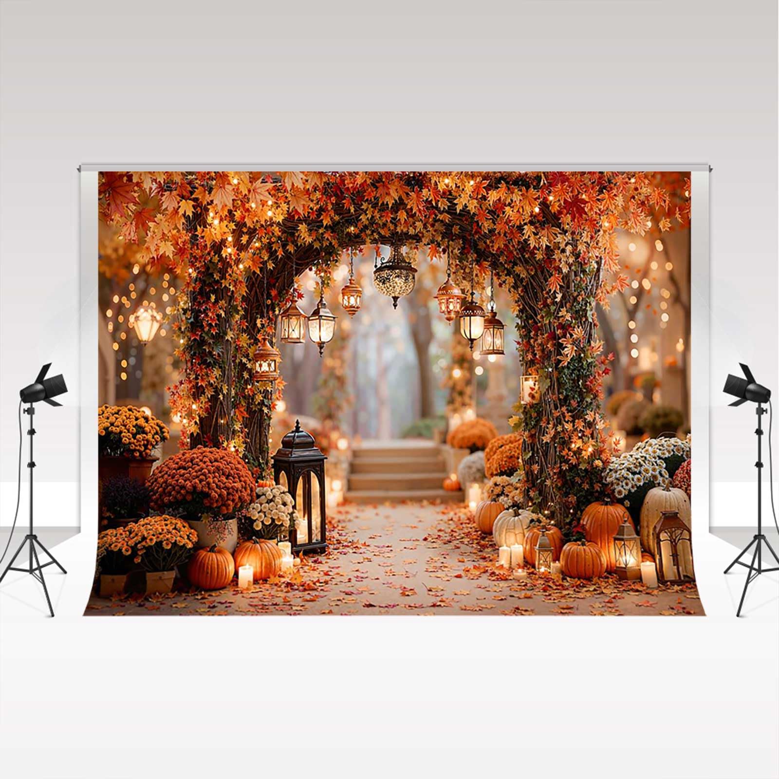 Kate Herbst Fotografie Hintergrund 2.2x1.5m/7x5Fuß Herbst Ahornblätter Bogen Kürbisse Laternen Fotohintergründe Familienporträt dekorativer Hintergrund Photozone