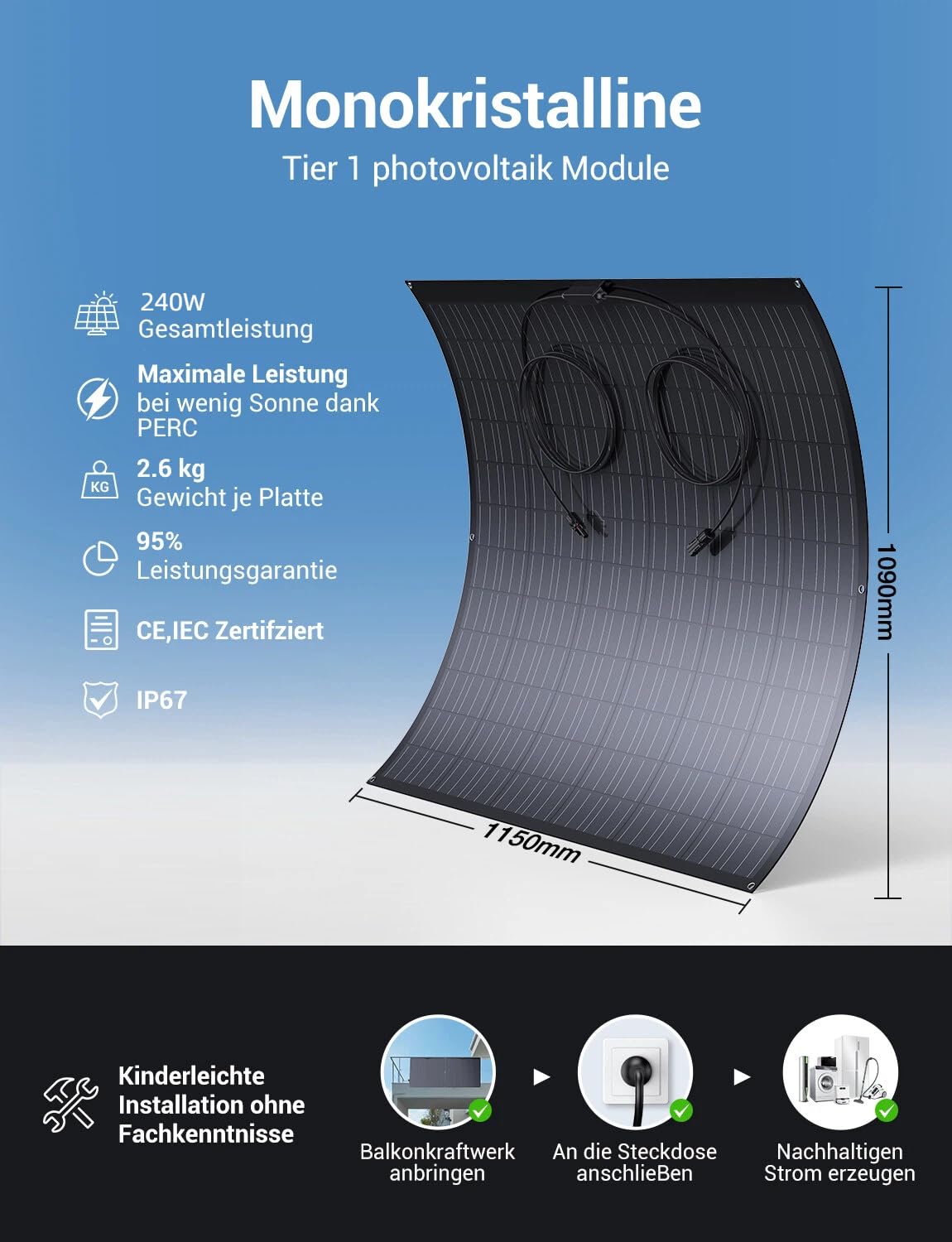 480W Solarpanel Flexibel Monokristallines Solarpanel, 2X 240W Solarmodul mit 3 m Solarkabel, 6-Loch-Montage IP67 Wasserdicht 21V/11A Solarpanel für Balkonkraftwerk, RV, Camping,0% MwSt