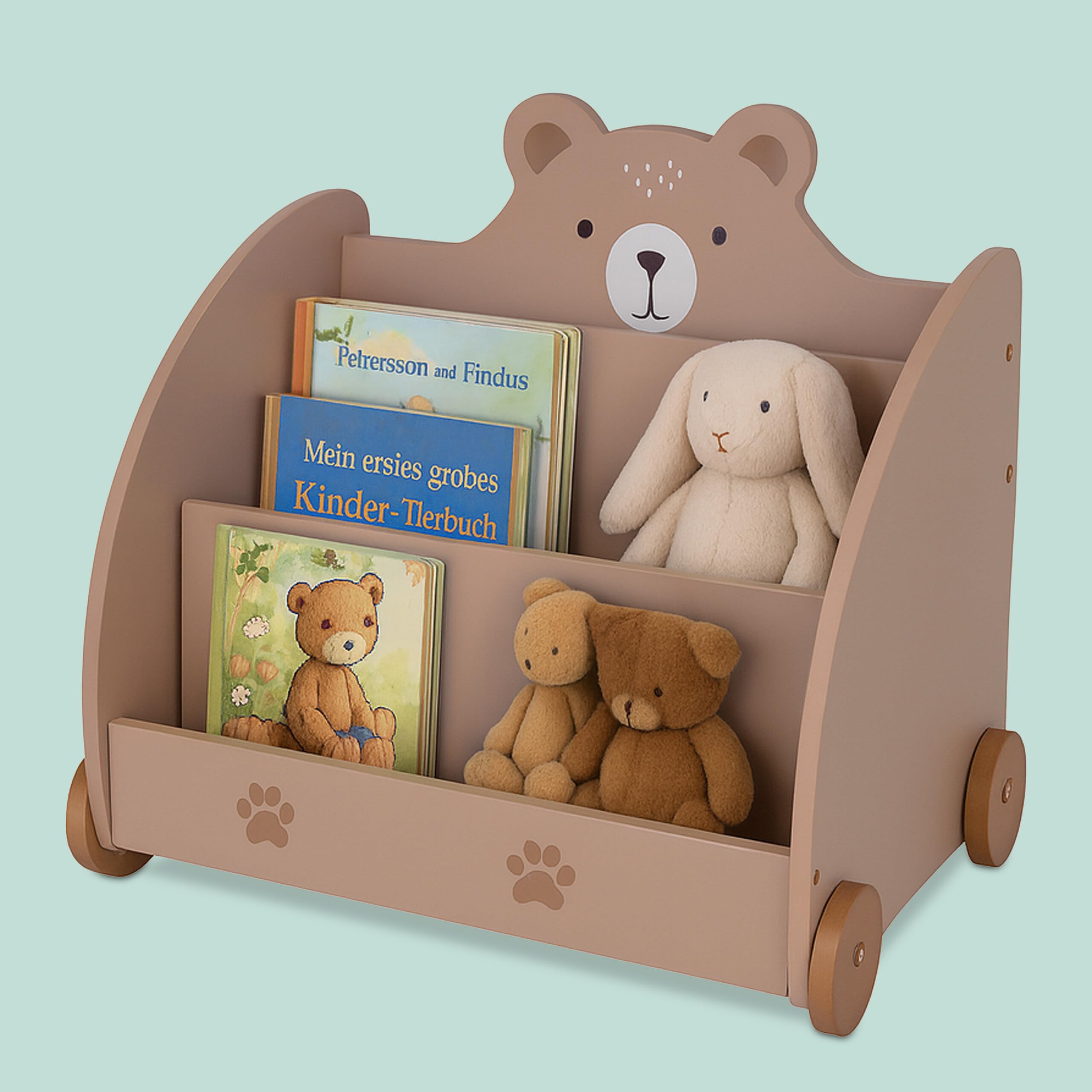 Estantería Relaxdays para niños, diseño de Osos, HBT: 58 x 60 x 40 cm, con Ruedas, Esquinas Redondeadas, MDF, marrón